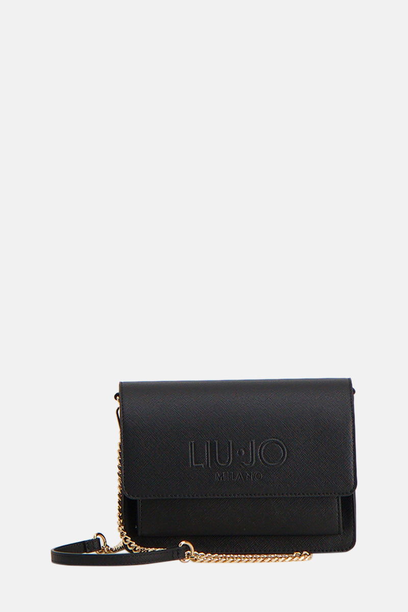 Zwarte schoudertas van LIU JO met een gouden kettingriem en reliëflogo.