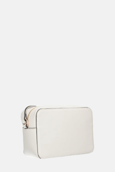 Sac à bandoulière blanc de LIU JO avec une fermeture éclair dorée, vue de côté.
