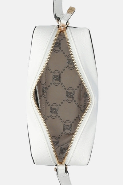 Sac à bandoulière blanc de LIU JO avec motif monogramme à l'intérieur et fermeture zippée dorée.

