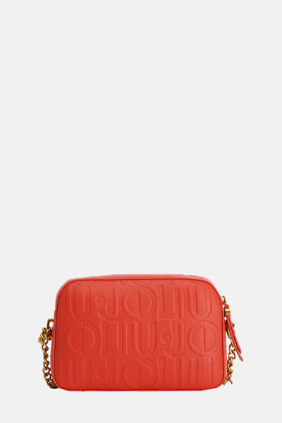Sac à bandoulière orange de LIU JO avec motif de logo en relief et chaîne dorée.