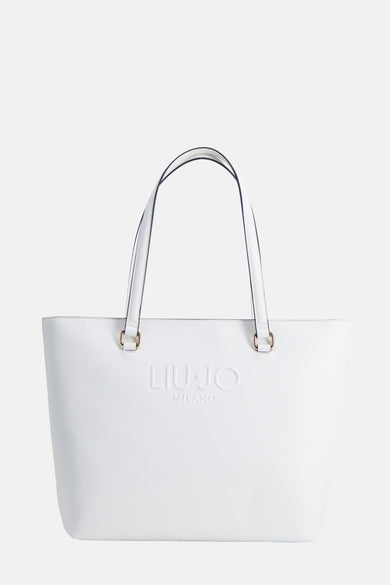 Witte handtas van imitatieleer van LIU JO, met handvat en reliëflogo.