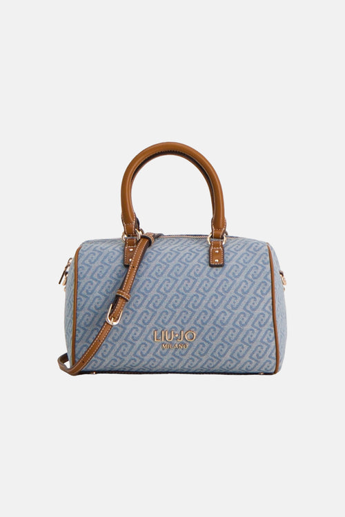 Blauwe jacquard handtas van LIU JO, met monogrampatroon en bruine afwerkingen.