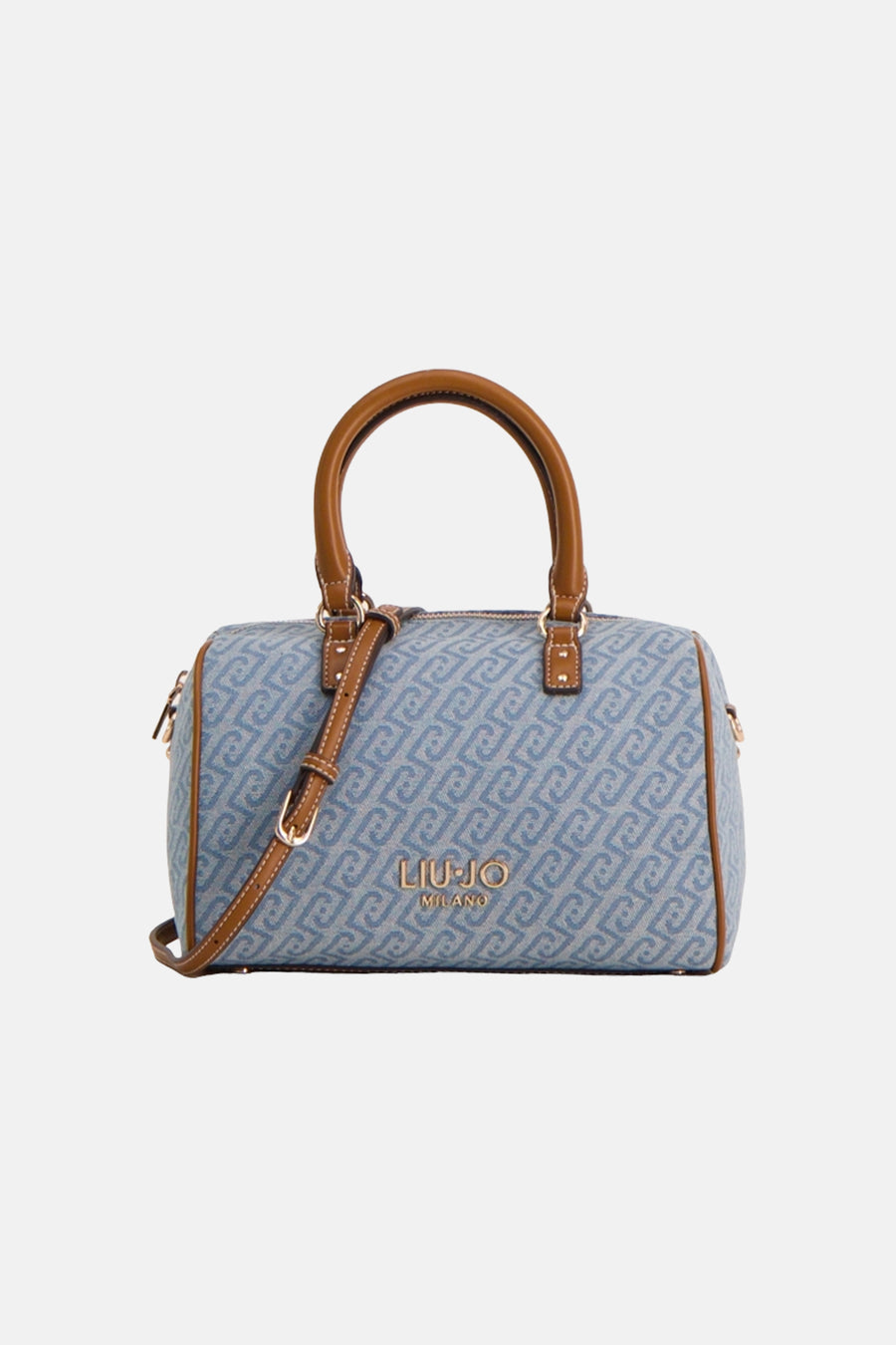 Blauwe jacquard handtas van LIU JO, met monogrampatroon en bruine afwerkingen.