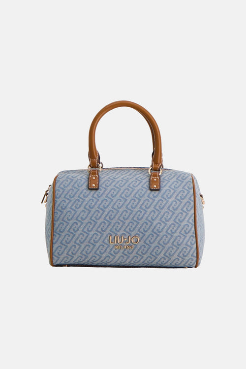 Blauwe handtas met monogrampatroon van LIU JO, met bruine ronde handgreep en contrasterende bies.
