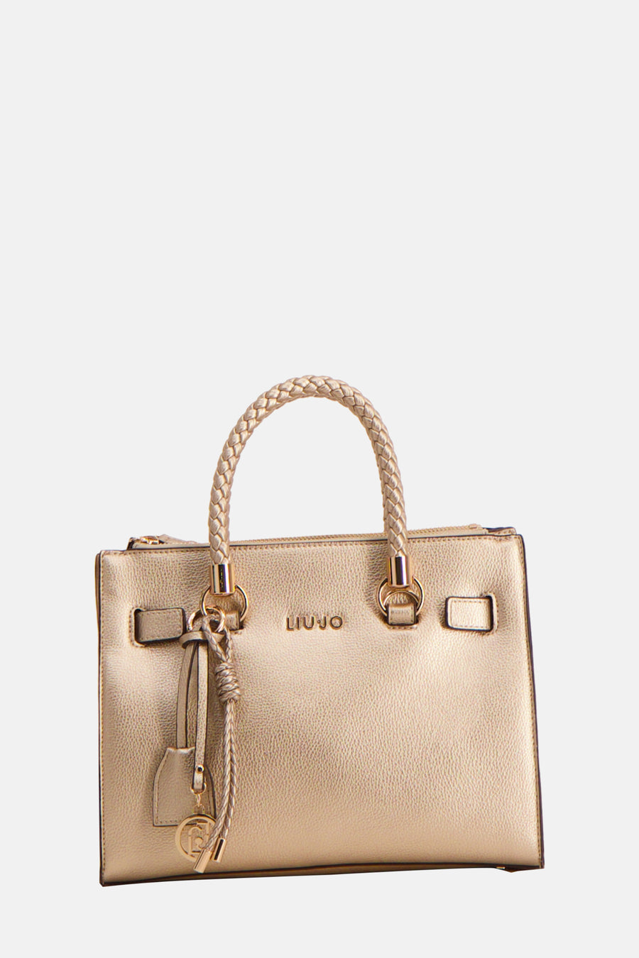 Sac à main doré de LIU JO avec une anse tressée, une breloque décorative et une texture grainée.
