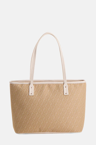 Sac à main beige en jacquard de LIU JO, avec double anse et finitions en similicuir.