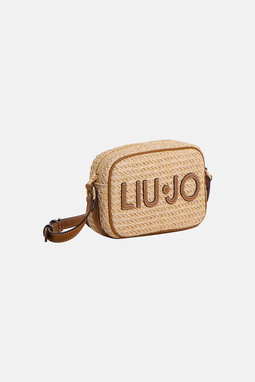 Beige schoudertas van LIU JO van gevlochten stro met reliëflogo en bruine schouderriem.
