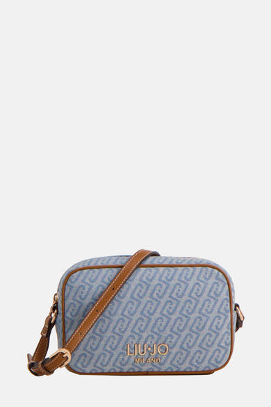 Blauwe denim schoudertas van LIU JO, met monogrampatroon en bruine schouderriem.