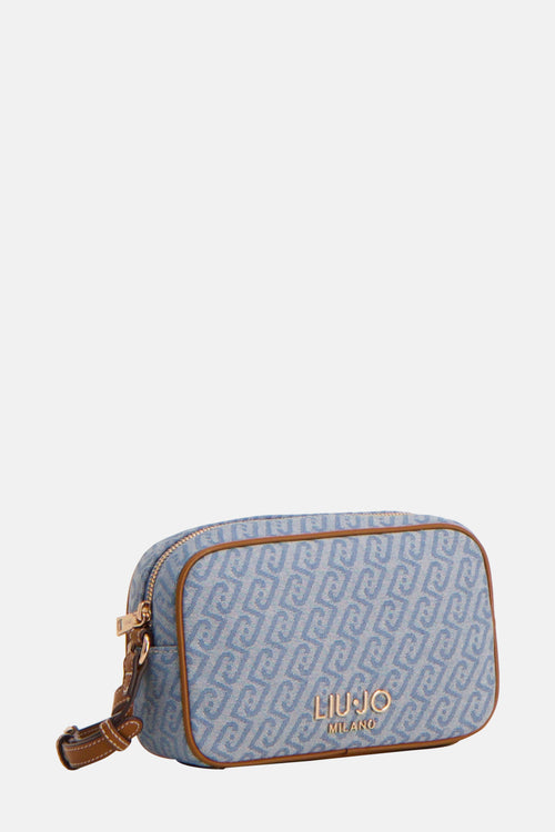 Liu Jo schoudertas in middinblauw denim, met herhalend logo-patroon.