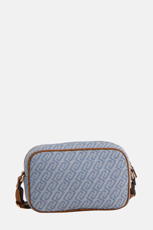 Sac à bandoulière bleu denim de LIU JO, avec motif monogramme et bandoulière marron.
