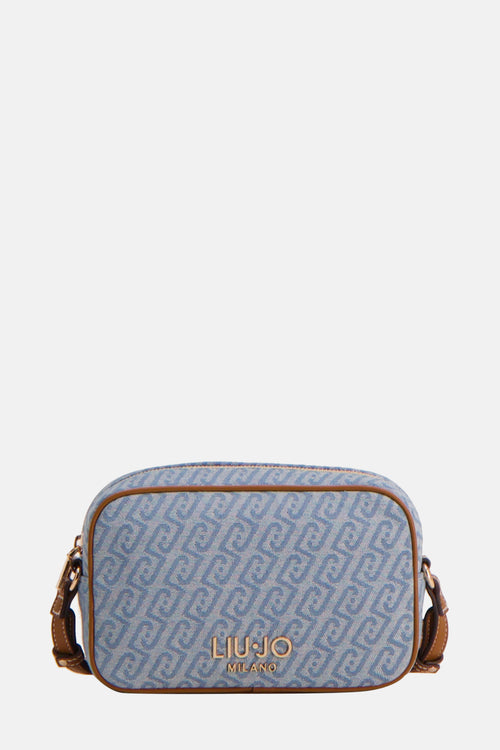 LIU JO schoudertas in middieblauw denim, met monogrampatroon en bruine afwerkingen.