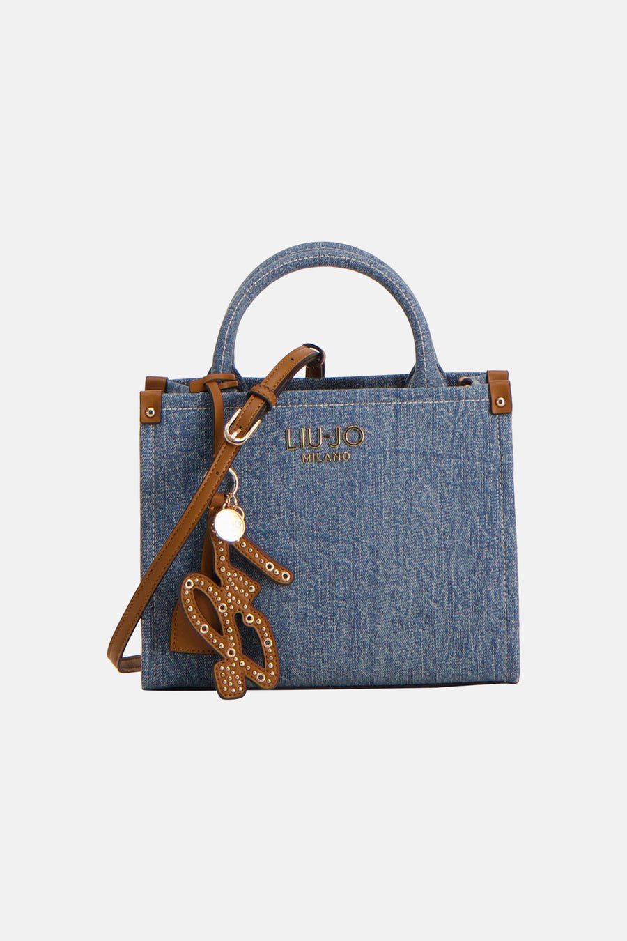 Blauwe denim handtas van LIU JO, met bruine leren afwerkingen en contrasterende stiksels.