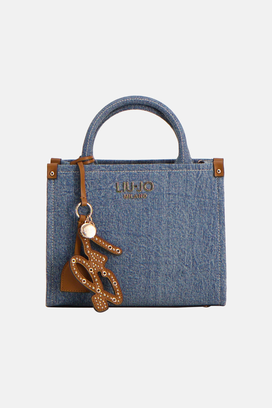 Blauwe Liu Jo handtas van denim met ronde handgreep en bruine decoratieve bedel met studs.
