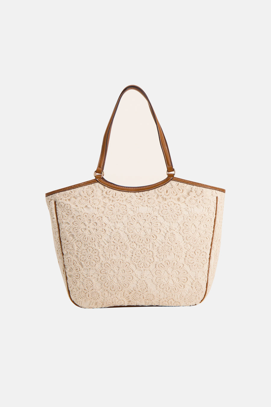 Sac à bandoulière écru de LIU JO, orné de détails en dentelle florale et de finitions marron.
