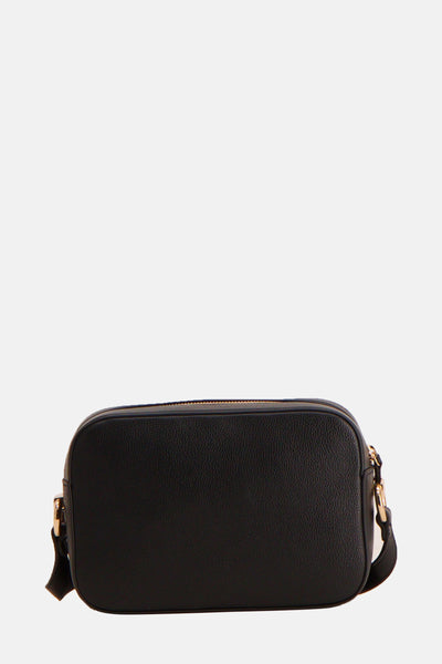 Sac à bandoulière noir de LIU JO avec fermeture éclair dorée et bandoulière réglable.