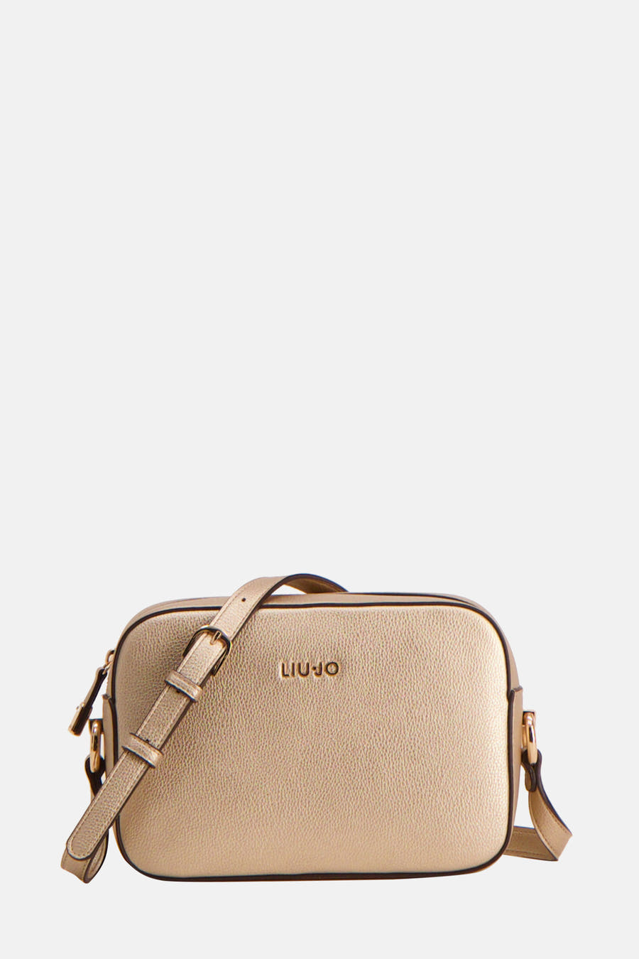Sac à bandoulière doré de LIU JO, avec bandoulière réglable, texture grainée et logo sur le devant.