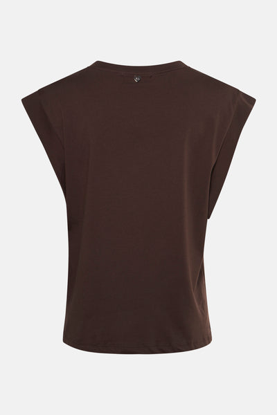 Top sans manches marron par AMELIE ET AMELIE, avec un petit logo en forme de cœur au dos.
