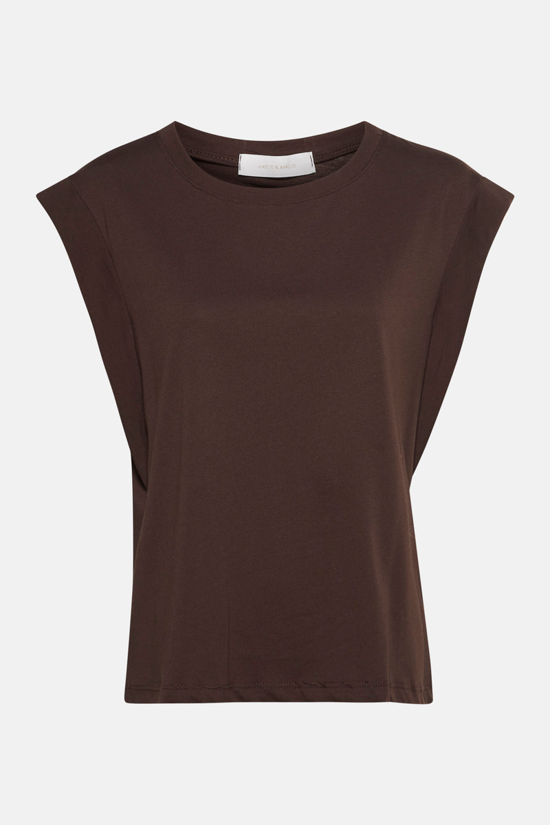 Top sans manches marron d'AMELIE ET AMELIE, en jersey de coton, avec épaules structurées.