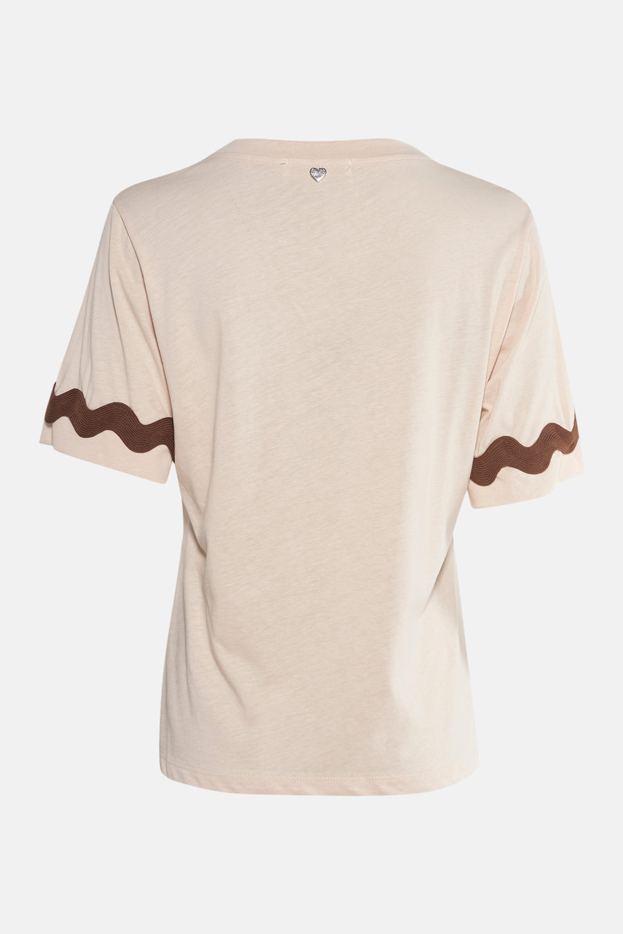 Beige T-shirt met korte mouwen van AMELIE ET AMELIE, met bruine golvende randen, achterkant.