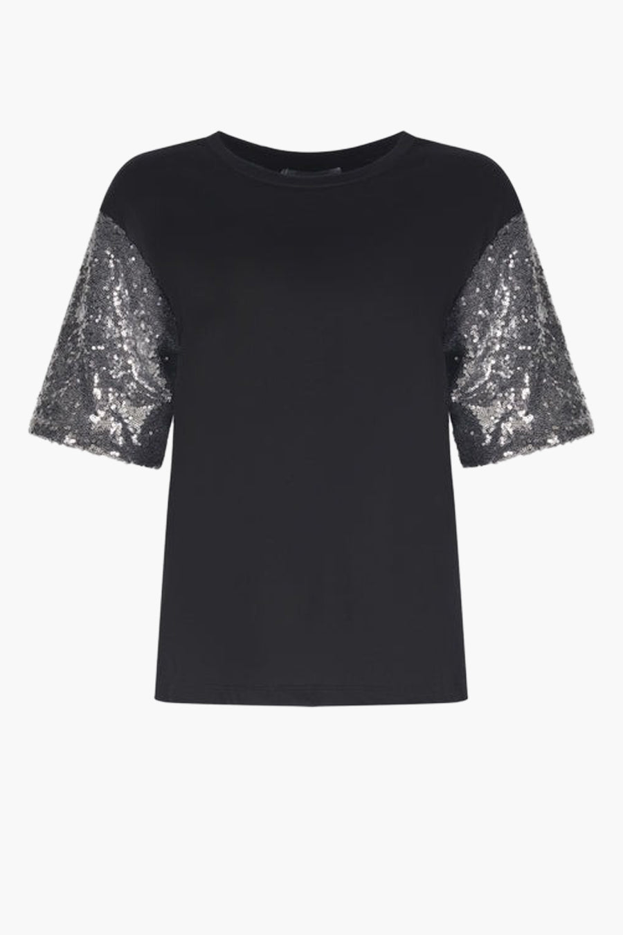 Zwart T-shirt met korte mouwen van ARTIGLI met zilveren paillettenmouwen.