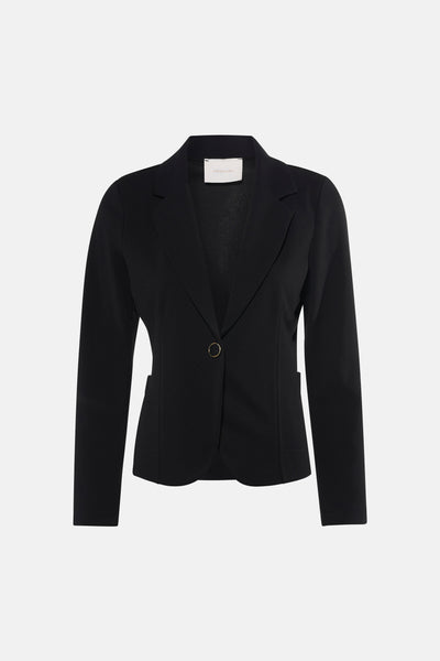 Blazer noir structuré par AMELIE ET AMELIE, bouton doré, coupe ajustée, vue de face