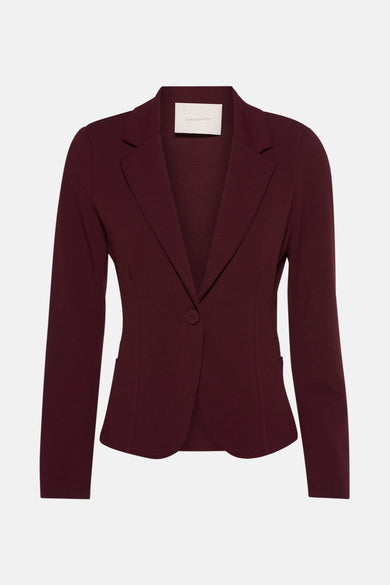 Bordeaux blazer van AMELIE ET AMELIE, getailleerd model met één knoop op een effen achtergrond.