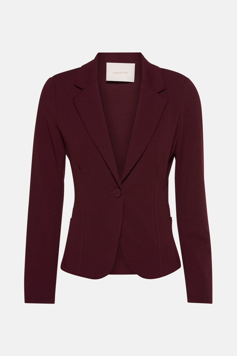 Bordeaux blazer van AMELIE ET AMELIE, getailleerd model met één knoop op een effen achtergrond.