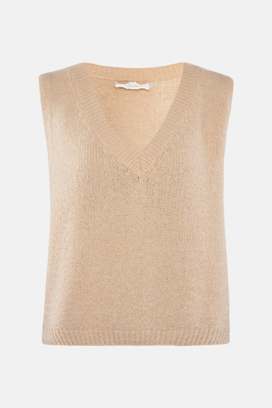 Beige mouwloos topje van Amélie et Amélie in luchtig breisel, met V-hals en donzige textuur.