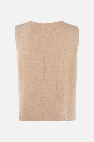 Beige gebreid hemdje van AMELIE ET AMELIE, met een zachte textuur en mouwloos ontwerp.
