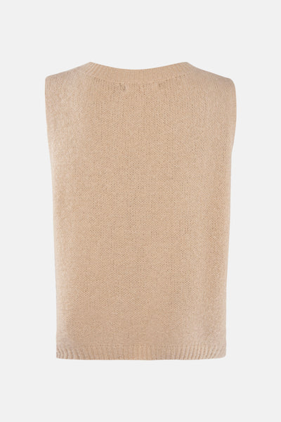 Beige gebreid hemdje van AMELIE ET AMELIE, met een zachte textuur en mouwloos ontwerp.