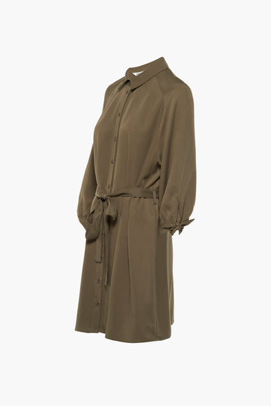 Olive green button-front robe with tie waist and cuffed sleeves, side view, textured fabric
