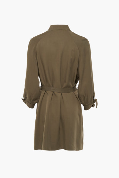 Olive green robe with belted waist and tie cuffs, back view, textured fabric, long sleeves, collared neckline