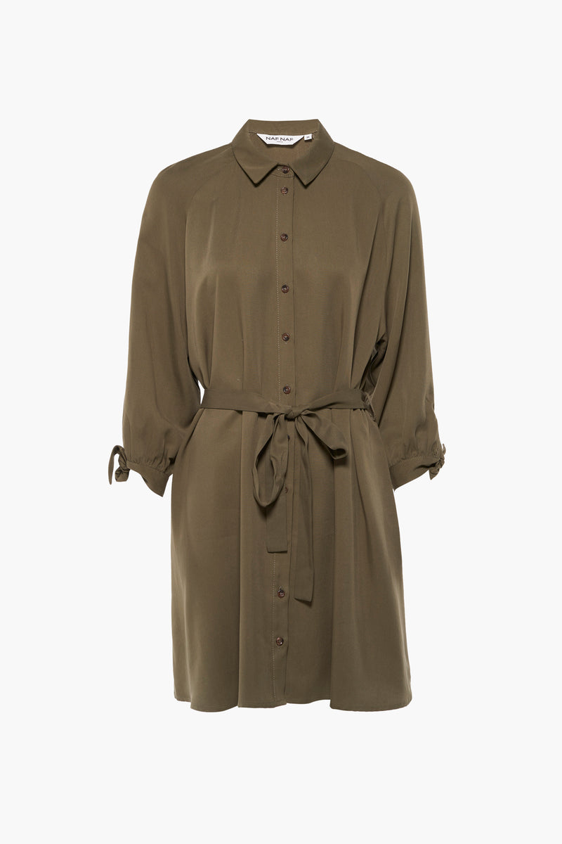 Olive green button-front robe by NAF NAF with collar, tie waist, and gathered sleeves, front view