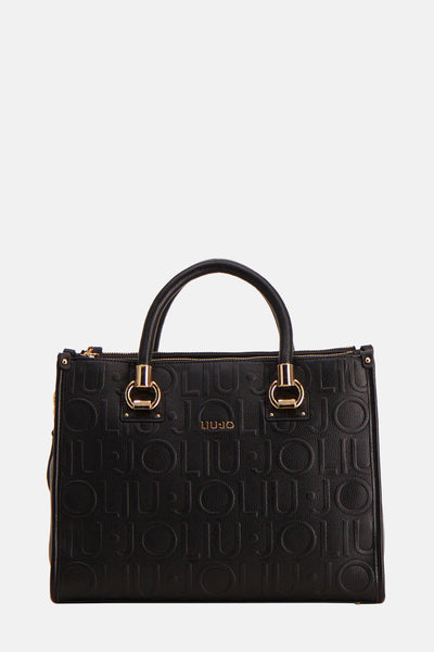 Sac à bandoulière noir en cuir gaufré de Liu Jo, avec des anses supérieures et détails métalliques dorés.