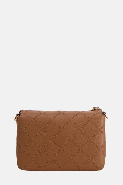 Sac bandoulière marron de LIU JO avec motif en losange répété et détails dorés.
