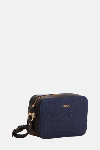 LIU JO donkerblauwe denim schoudertas met ton-sur-ton logo-patroon en zwarte afwerkingen.