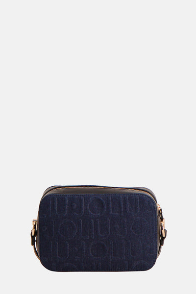 LIU JO donkerblauwe denim schoudertas met reliëf logo patroon.