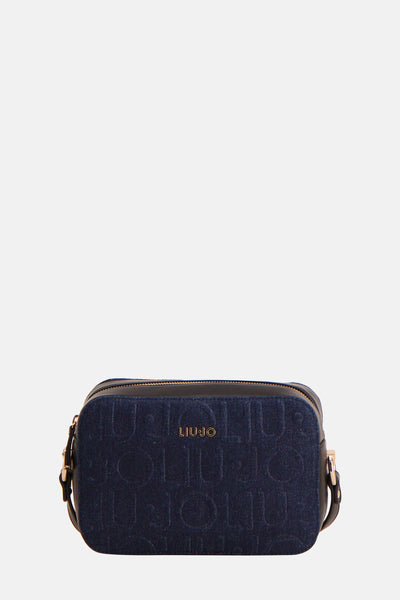 LIU JO donkerblauwe denim schoudertas met een reliëf logo patroon.