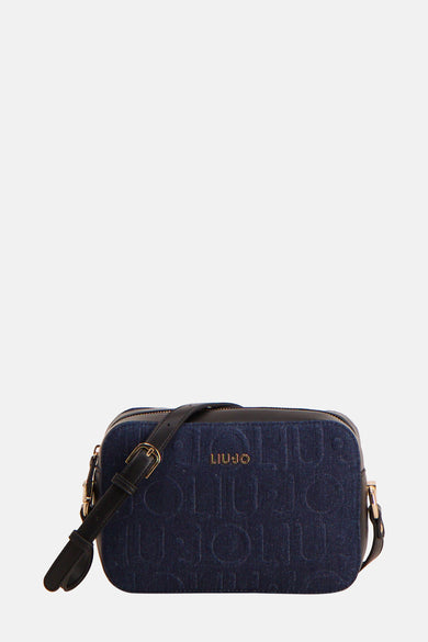 LIU JO donkerblauwe denim schoudertas met reliëf logo patroon en zwart lederen schouderriem.