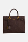Brown leather handbag with embossed monogram pattern by Liu Jo, featuring gold-tone hardware and front logo detail