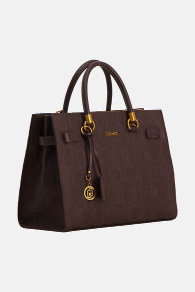 Brown leather handbag with embossed pattern by Liu Jo, featuring gold-tone hardware and front charm, shown in front view.