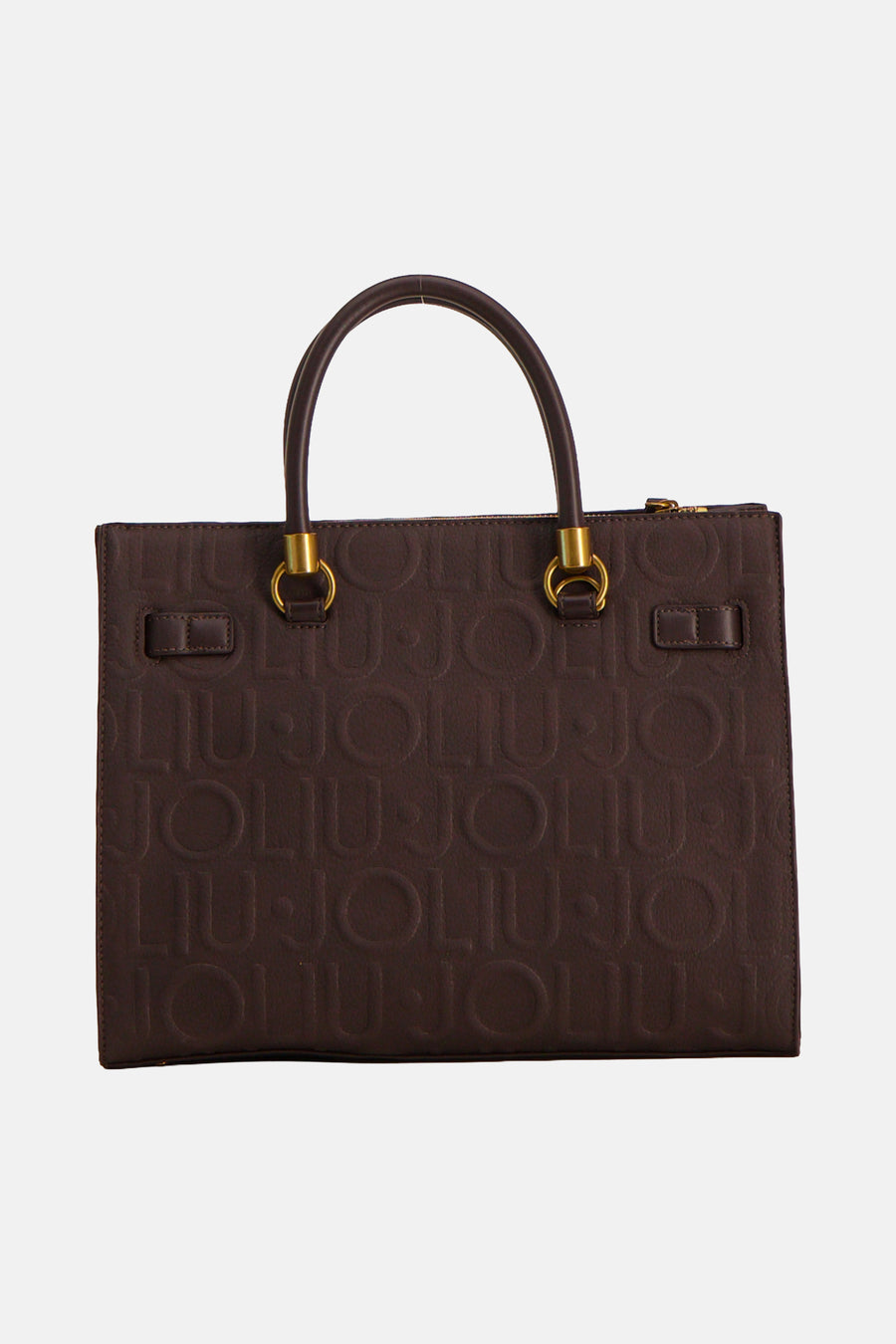 Brown leather handbag with embossed monogram pattern and gold-tone hardware, front view