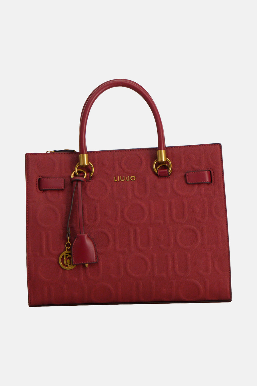 Red leather handbag with embossed logo pattern by Liu Jo, featuring gold-tone hardware and front charm, front view
