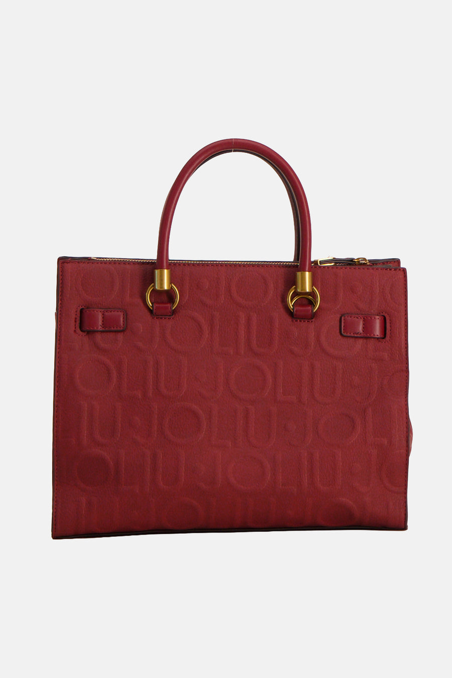 Red leather handbag with embossed monogram pattern and gold-tone hardware, front view