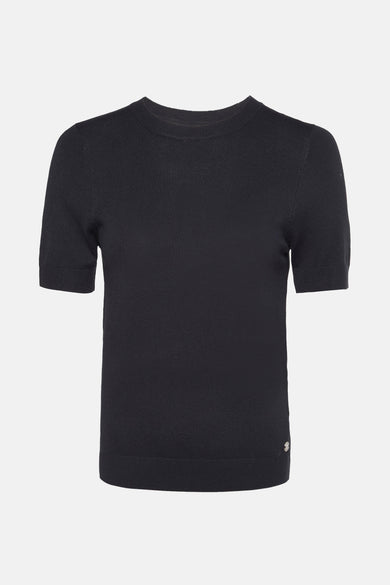Zwarte ronde nekpullover Zabaioneione, fineinele en korte mouwen.