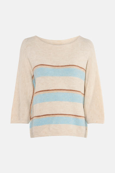 Pull à col rond multicolore par AMELIE ET AMELIE, avec des rayures bleues et marron.