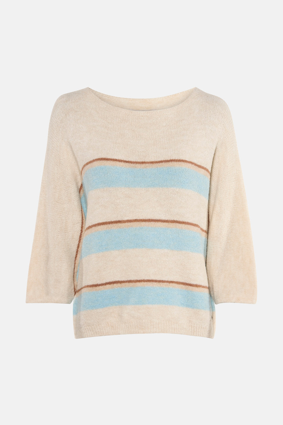 Pull à col rond multicolore par AMELIE ET AMELIE, avec des rayures bleues et marron.