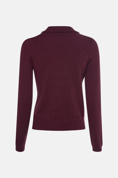 Pull bordeaux par AMELIE ET AMELIE, en tricot avec un col chemise, vue arrière.
