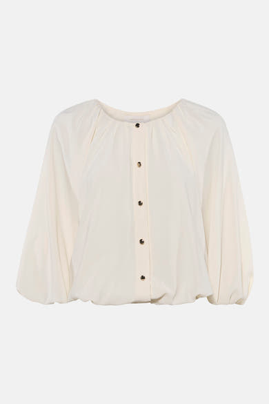 Ecru blouse with three-quarter sleeves by Amélie & Amélie, featuring a gathered neckline and front button closure, shown in front view.