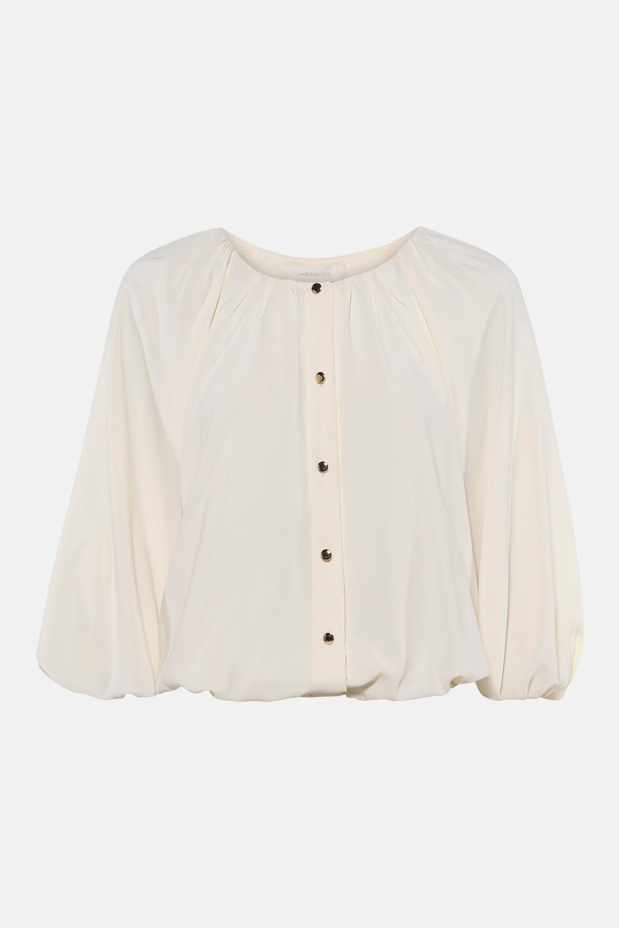 Ecru blouse with three-quarter sleeves by Amélie & Amélie, featuring a gathered neckline and front button closure, shown in front view.